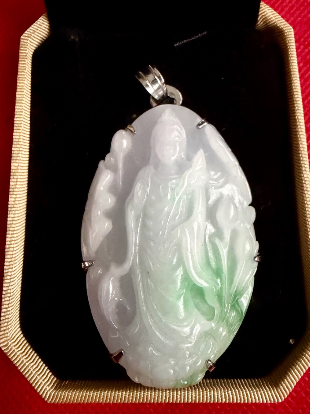 Carved Jade Goddess Pendant Necklace in White and Jade Green